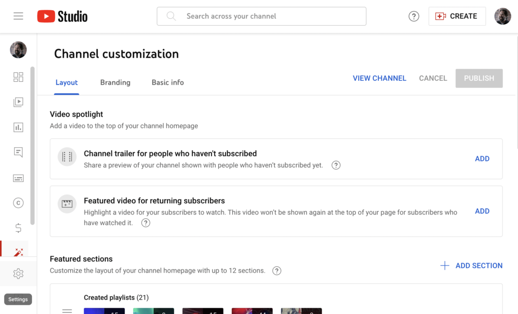 Locate the settings menu for your YouTube channel in YouTube Studio.