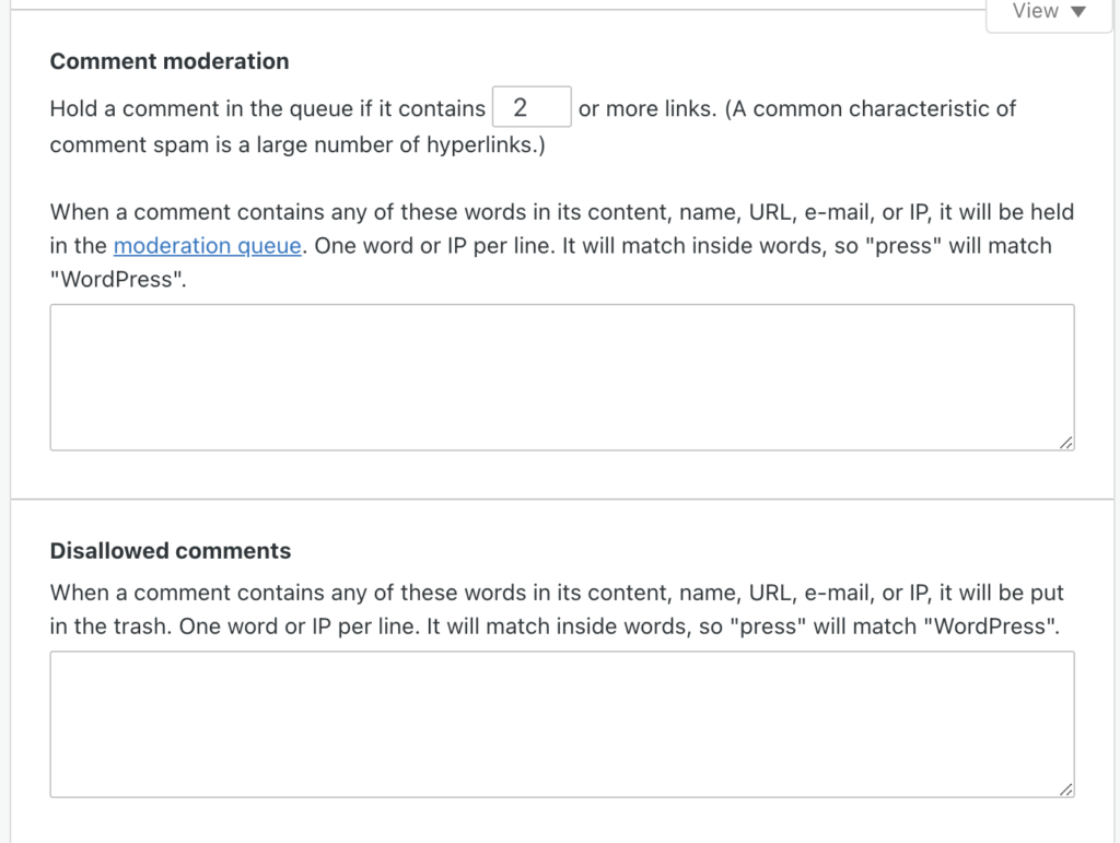comment moderation and disallowed comments features as found in WordPress settings > discussion