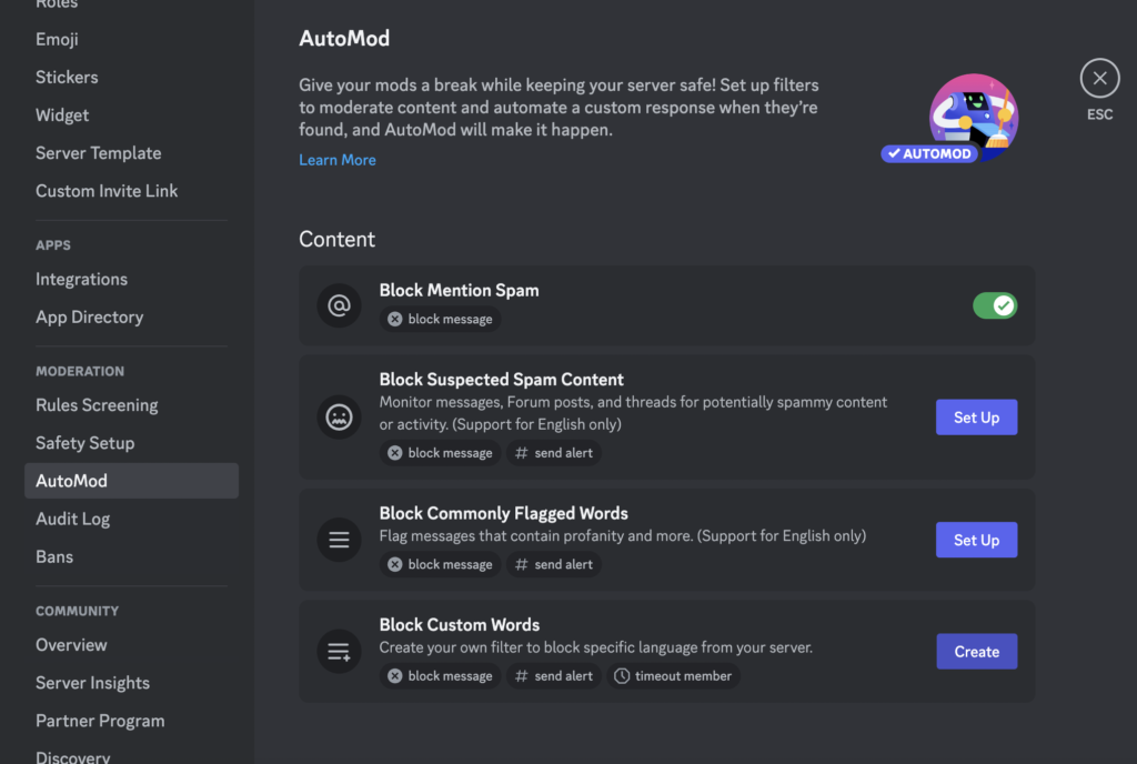 The AutoMod menu