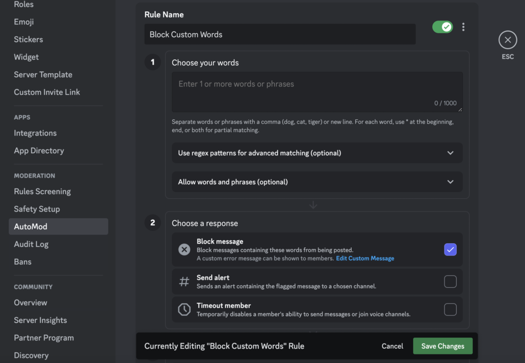 The screen for entering your bad word list contents and choosing actions for when such words are used