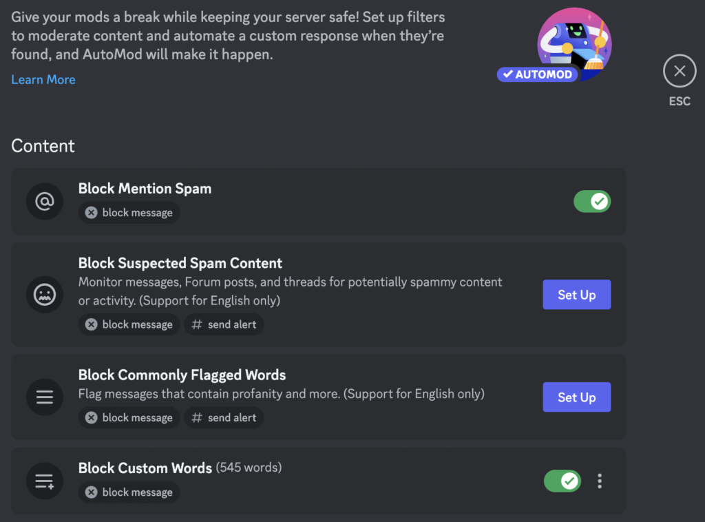 With Block Custom Words configured, it shows a count and green status to confirm it is active.